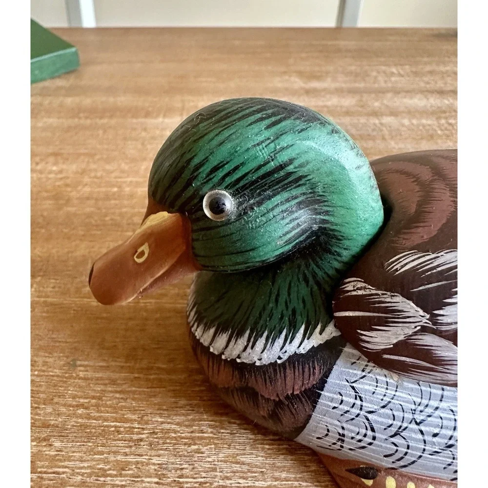 Vintage Porcelain Mallard Duck Trinket Lidded Vibrant Glass Eye Hand‎ Painted